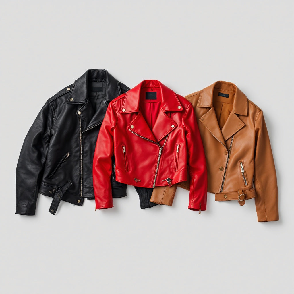 Top 3 leather jacket trends for 2025: oversized black biker jacket, cropped red leather jacket, and minimalist tan leather blazer